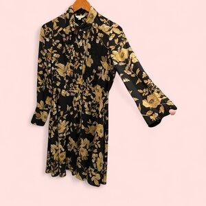 Cute Nanette Lepore black tan floral flowy pin tucked midi button front dress